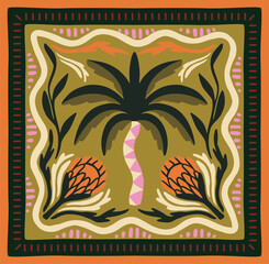 Obraz premium Decorative tropical tile with palm leaves, protea flowers and colorful abstract ornament in folk art style, vector illustration