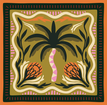 Decorative tropical tile with palm leaves, protea flowers and colorful abstract ornament in folk art style, vector illustration