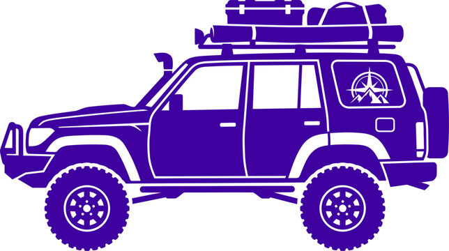 Purple silhouette of an offroad suv with roof rack and gear