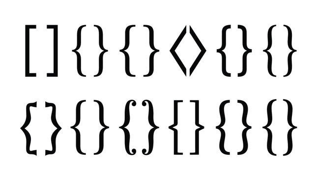 Minimalist black brackets and curly braces vector illustration set displaying diverse programming punctuation symbol designs