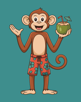 Cute Tropical Monkey Mascot with Coconut Beverage and Mini Umbrella for Colorful Summer Vacation Artwork