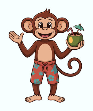 Cheerful Cartoon Monkey Holding a Coconut Drink and Waving in Floral Shorts for Tropical Vacation Designs