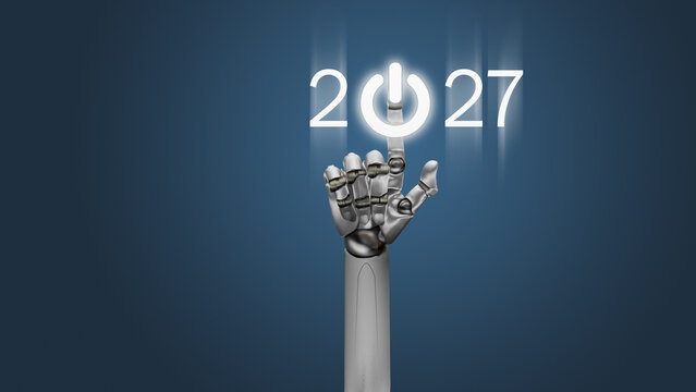   A robotic hand presses a touchscreen button to start the new year - futuristic technology, electronic cyborg, artificial intelligence. White cyborg robotic hand pointing his finger.