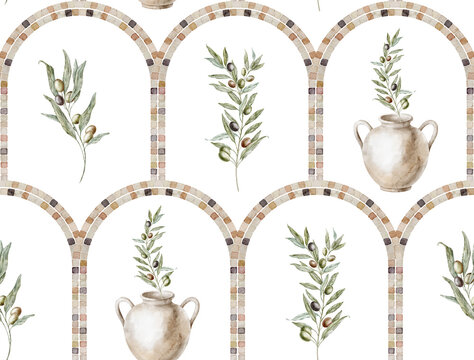 Roman arch seamless Pattern with olive branches and ceramic amphora on isolated background. Watercolor Mediterranean repeat for invitations, stationery, wallpaper and paper. Backdrop for textile.