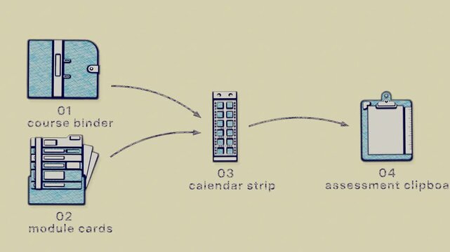 Course inputs converge during curriculum assembly as modules, timetable, and assessment records are compiled into a completed syllabus binder. Flat 3D style with a coloured pencil texture; objects