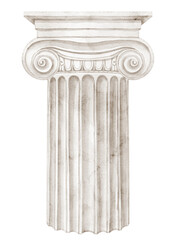 Ionic column capital watercolor illustration with classical volutes isolated on background. Ancient Greek and Roman architectural clipart for antique and Mediterranean designs. © Alisles