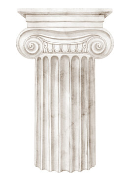 Ionic column capital watercolor illustration with classical volutes isolated on background. Ancient Greek and Roman architectural clipart for antique and Mediterranean designs.