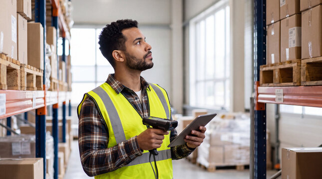 Warehouse worker holding barcode scanner and tablet during inventory audit. Male employee doing stocktaking for year end close in distribution center. Logistics and supply chain management
