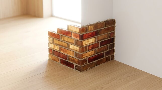 Corner of a room featuring a small section of rustic brown brick wall cladding installed on a light wooden floor with white plastered walls
