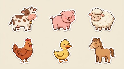 Fototapeta premium Kawaii farm animal sticker set with cute cow pig sheep and horse