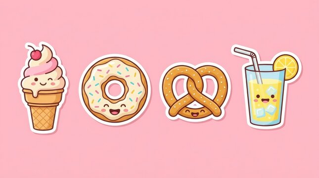 Cute Kawaii Food and Drink Stickers Set on Pink Background