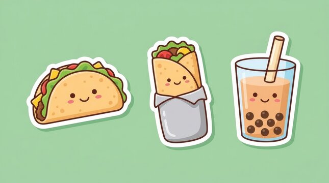 Kawaii cartoon food stickers with taco burrito and bubble tea
