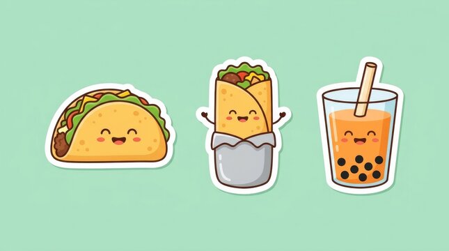 Cute kawaii food stickers including taco burrito and bubble tea