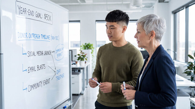 Colleagues planning year end giving campaign on whiteboard in modern office. Nonprofit fundraising strategy and donor outreach meeting