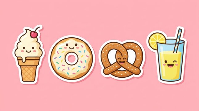 Cute kawaii food stickers with faces on pink background