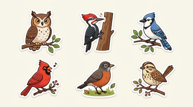 Cute North American forest bird sticker collection with owl and robin