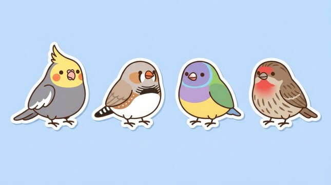 Cute cartoon bird stickers with cockatiel and finches