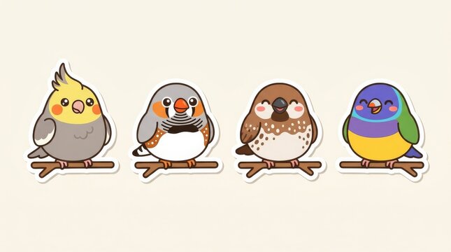Cute cartoon bird sticker set featuring cockatiel and finches