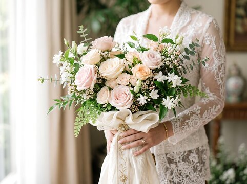 Bride in white lace kebaya holding a pastel rose wedding bouquet