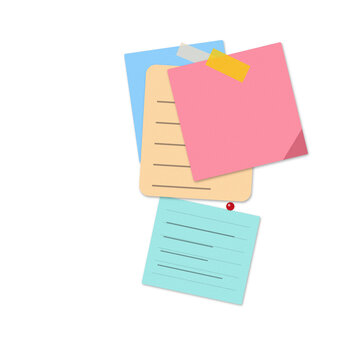 Stack of colorful sticky notes with messages and reminders attached to a surface for office organization isolated on transparent background