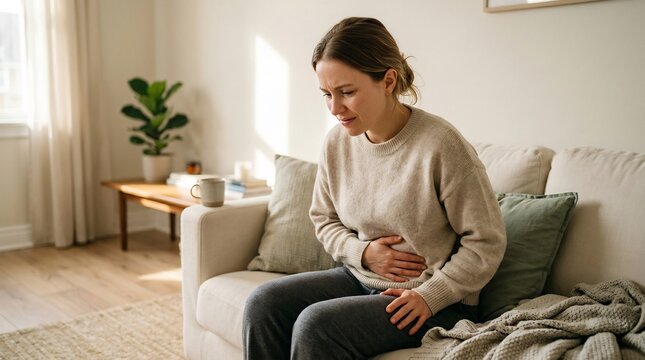Adult woman sitting on a living room sofa holding her stomach in pain