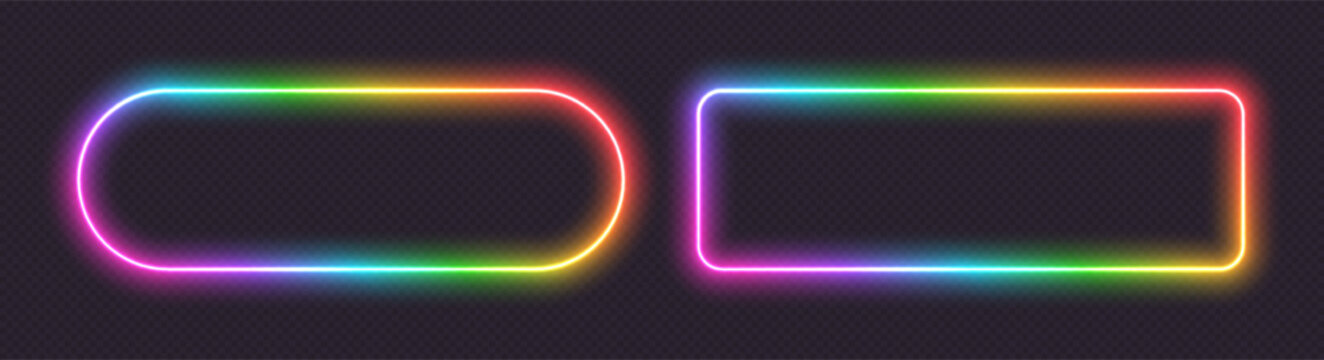 Neon glowing frames, rainbow banners light effect, bright illuminated borders. Rectangular spectrum design elements. Vector light effect.