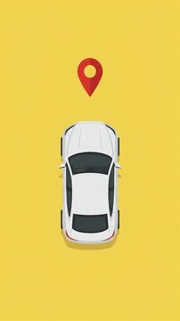 Minimalist top view white car with red location pin motion graphic, ai generated