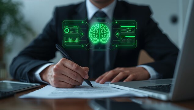 artificial intelligence and natural language processing system. automated document analysis and data parsing interface. professional reviewing nlp output and processing speed metrics on holographic