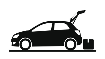 Naklejka premium Black silhouette of a small hatchback car with open trunk and square package beside it