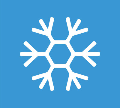 White simple snowflake with six rounded branches and hexagonal center on blue background, clean winter and Christmas symbol, vector illustration