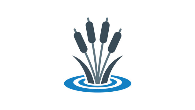 Minimalist vector icon featuring stylized cattail plants emerging from deep blue concentric ripples of water