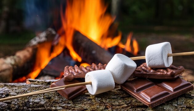 marshmallows graham crackers chocolate and roasting sticks sit beside a campfire in a forest campsite ideal for outdoor dessert and camping promotions