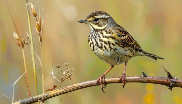 Meadow Pipit Perched on a Branch in Soft Sunlight