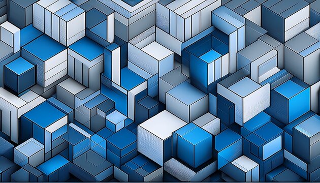 cool toned abstract isometric geometric background with a seamless tessellated pattern of blue and grey cubes offering a modern and structured visual design