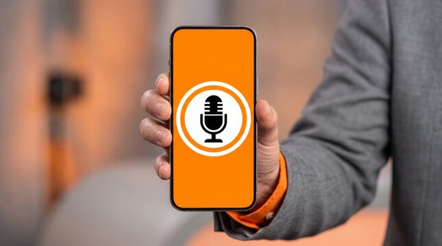 Professional businessman holds a modern smartphone displaying a circular microphone icon on a vibrant orange background for digital podcast promotion