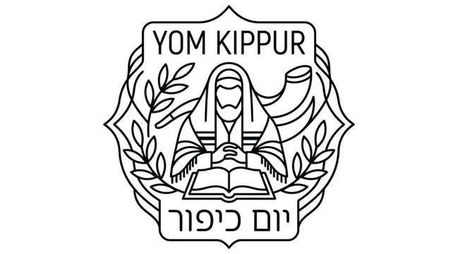 Line art illustration depicts yom kippur emblem with shofar and open book