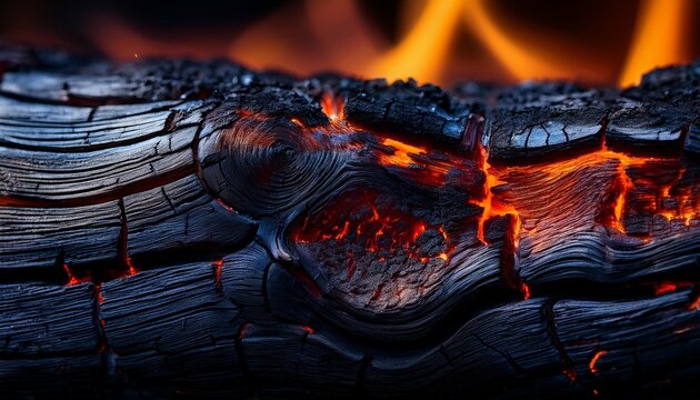 a close up detailed macro photograph of a burnt log showcasing its charred texture and glowing embers within the wood grain