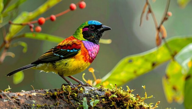 Vibrant Multicolored Tanager Perched on Mossy Branch