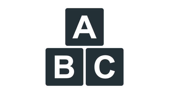 Stacked dark gray educational alphabet blocks displaying letters A B C in a minimalist studio style