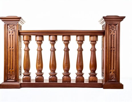 classic wooden balustrade with vertical spindles and decorative posts for architecture isolated on white background