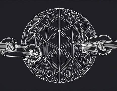 abstract continuous line drawing of looping chain connecting to a geodesic sphere with geometric detail and modern design
