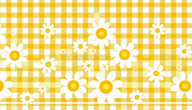 yellow gingham seamless pattern with white daisy flowers and wavy lace borders bright spring summer checkered background for textiles wallpaper fabric wrapping paper and cute graphic design