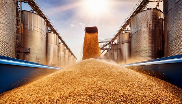 a vibrant scene at a grain storage facility showcasing golden grains spilling from a conveyor belt with towering silos in the background