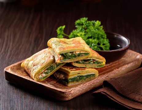delicious martabak telur savory stuffed pancake food photography