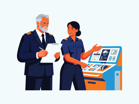 Captain and crew member reviewing ship control panel
