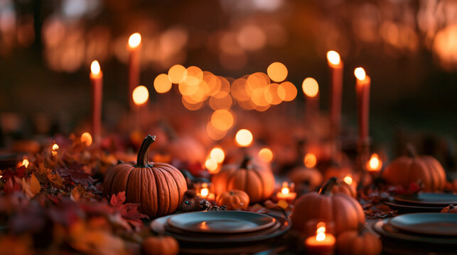 Autumn Thanksgiving Dinner Table Setting with Pumpkins and Candles