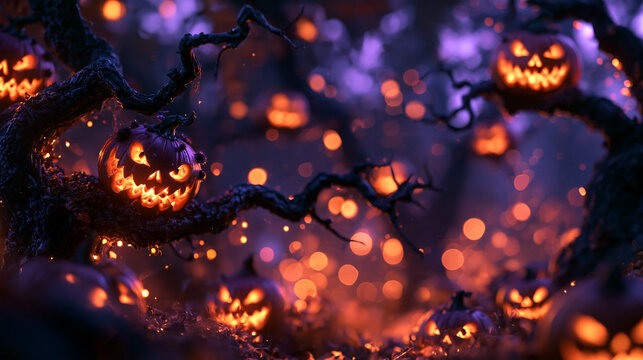 Glowing Halloween Pumpkins Hanging on Spooky Bare Trees