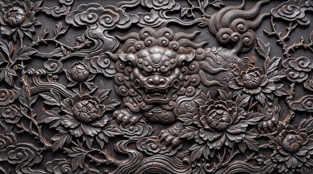 Traditional Chinese Guardian Lion Carving Relief with Peonies