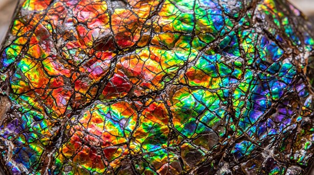 Close-Up of Iridescent Ammolite Fossil Gemstone Texture