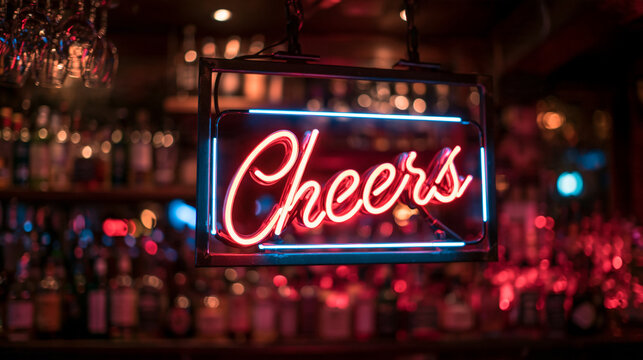 Illuminated Neon Cheers Sign in Pub Bar